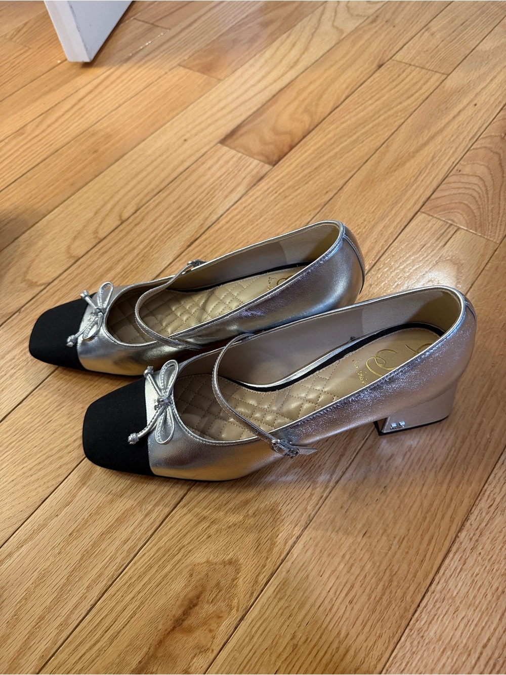Sam Edelman Silver and Black Block Heel Mary Jane Pumps